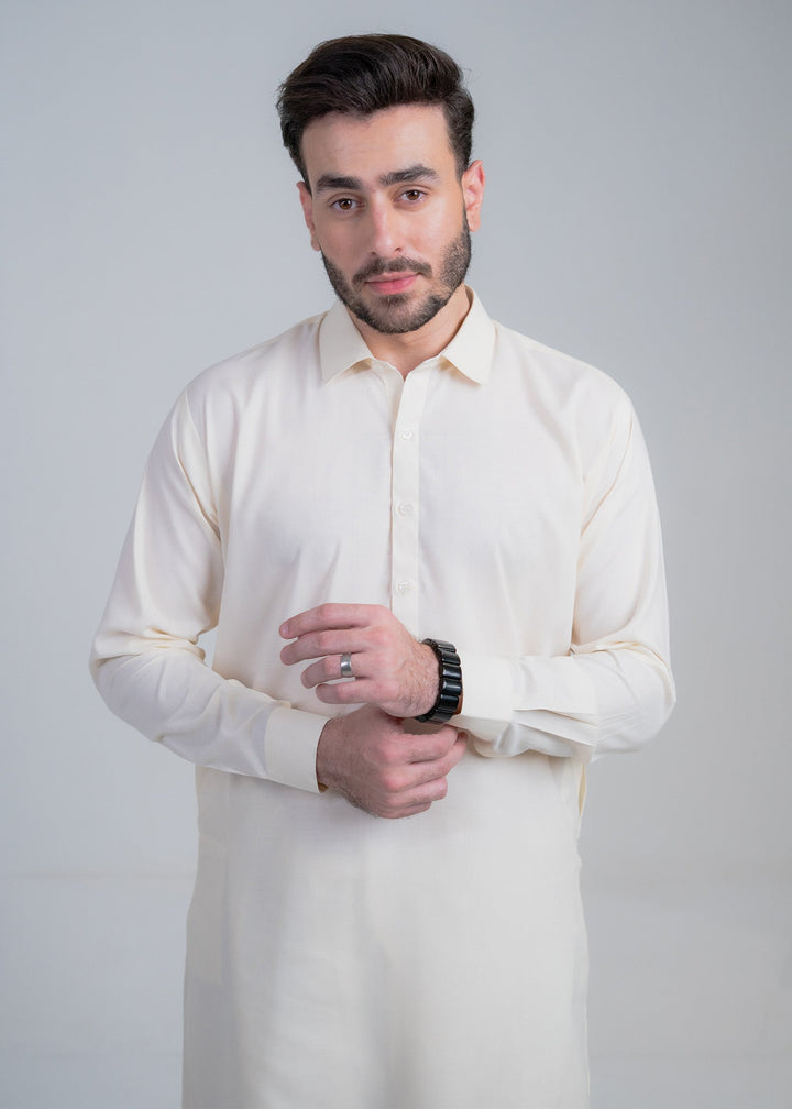 Alif by Buraq Mens RTW Solids Wash N Wear 2 Piece Suit Off White Collar Casual Collection