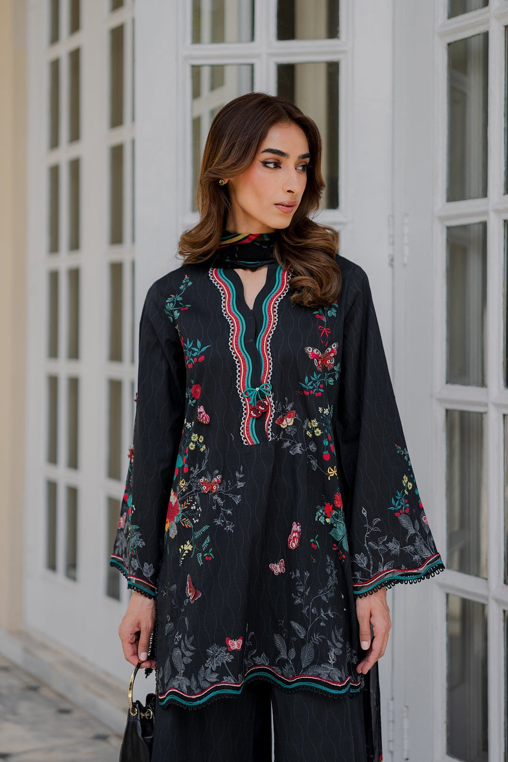 Nura by Sahar RTW Embroidered Cambric Co-Ord Sets Suit Black Forest Casual Collection