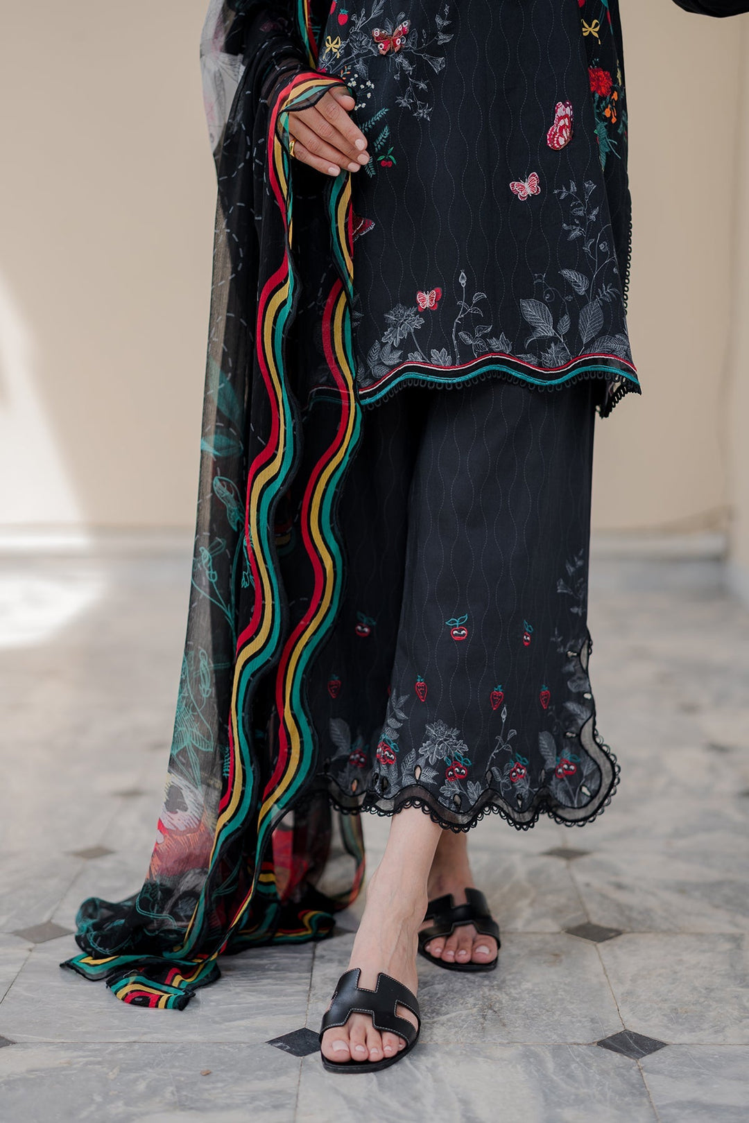 Nura by Sahar RTW Embroidered Cambric Co-Ord Sets Suit Black Forest Casual Collection