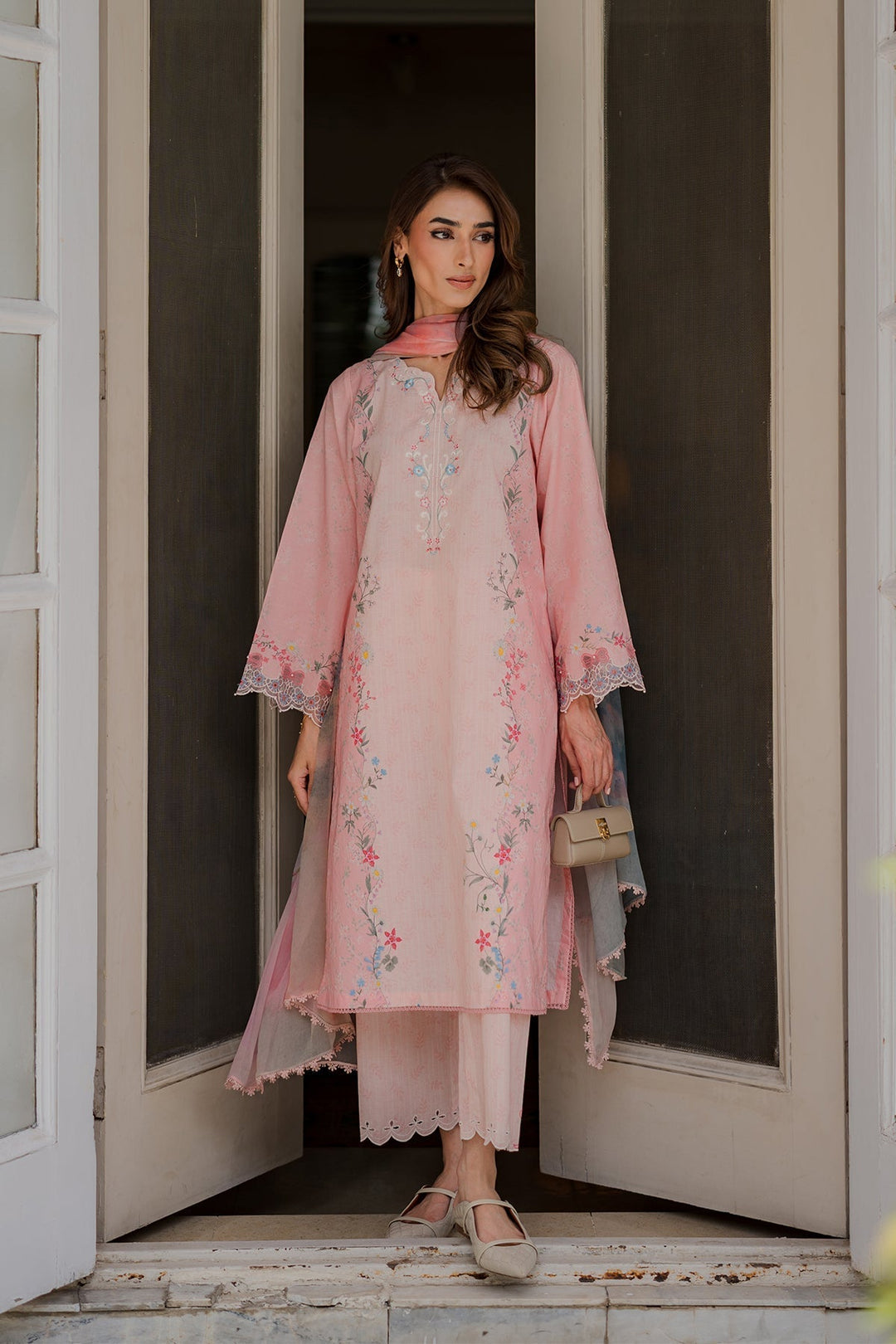 Nura by Sahar RTW Embroidered Cambric Co-Ord Sets Suit Blush Macaron Casual Collection