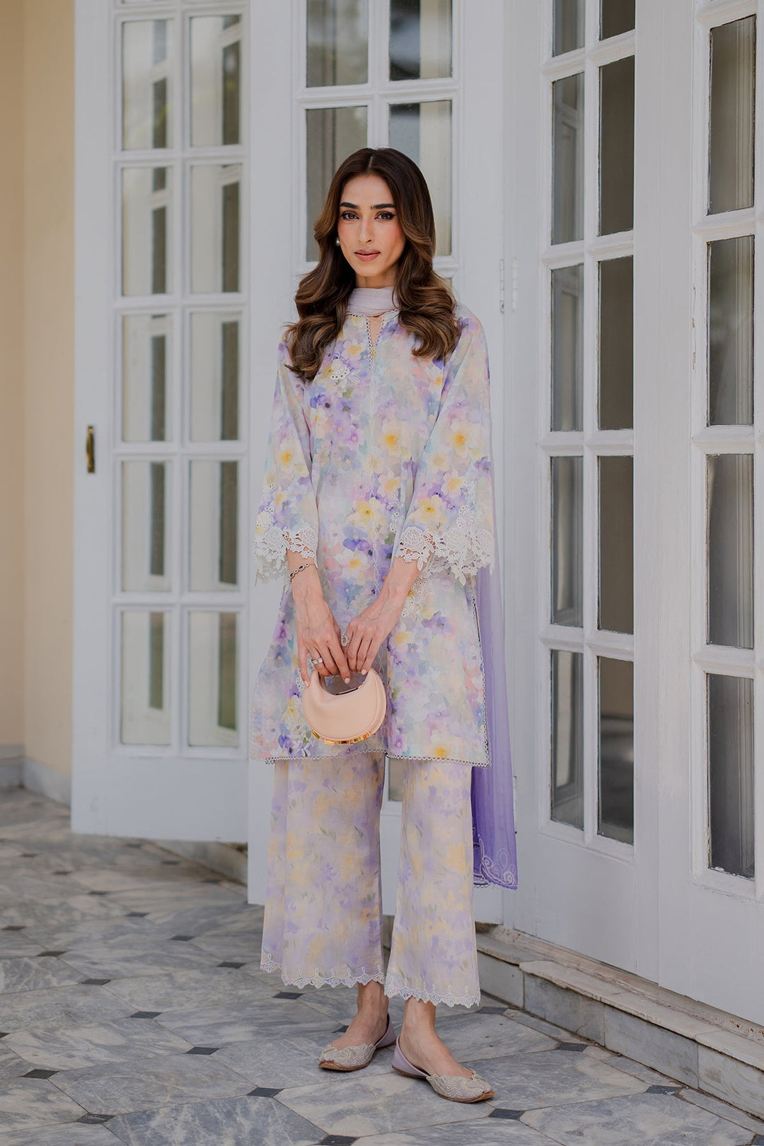 Nura by Sahar RTW Embroidered Cambric Co-Ord Sets Suit Ube Eclair Casual Collection