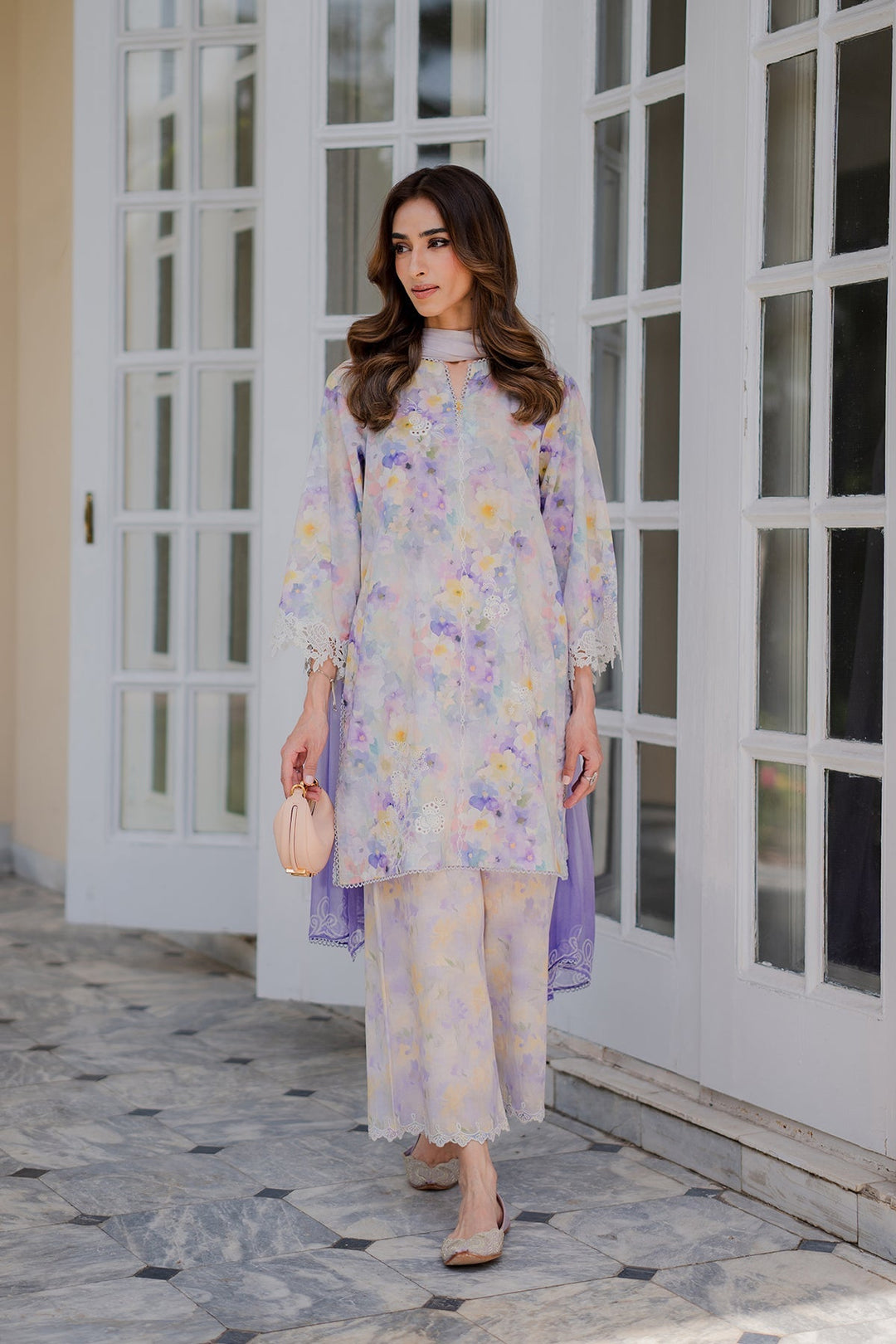 Nura by Sahar RTW Embroidered Cambric Co-Ord Sets Suit Ube Eclair Casual Collection
