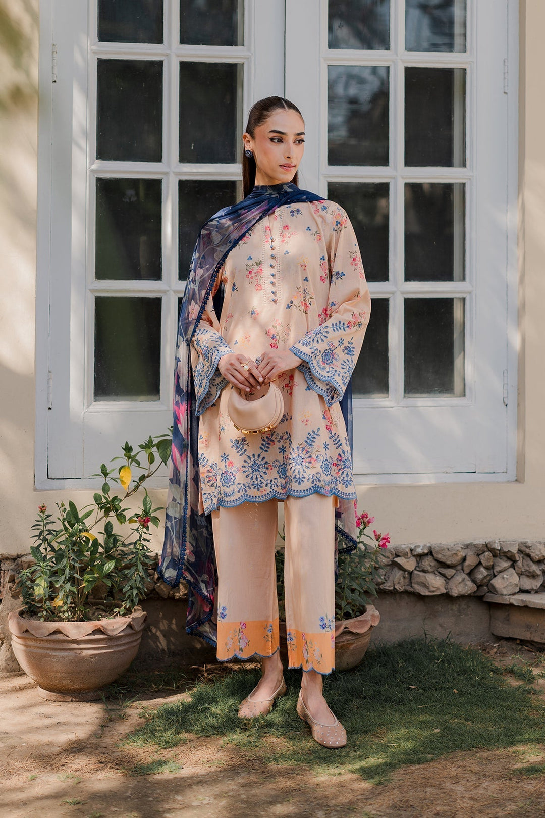 Nura by Sahar RTW Embroidered Cambric Co-Ord Sets Suit Peach Iced Tea Casual Collection