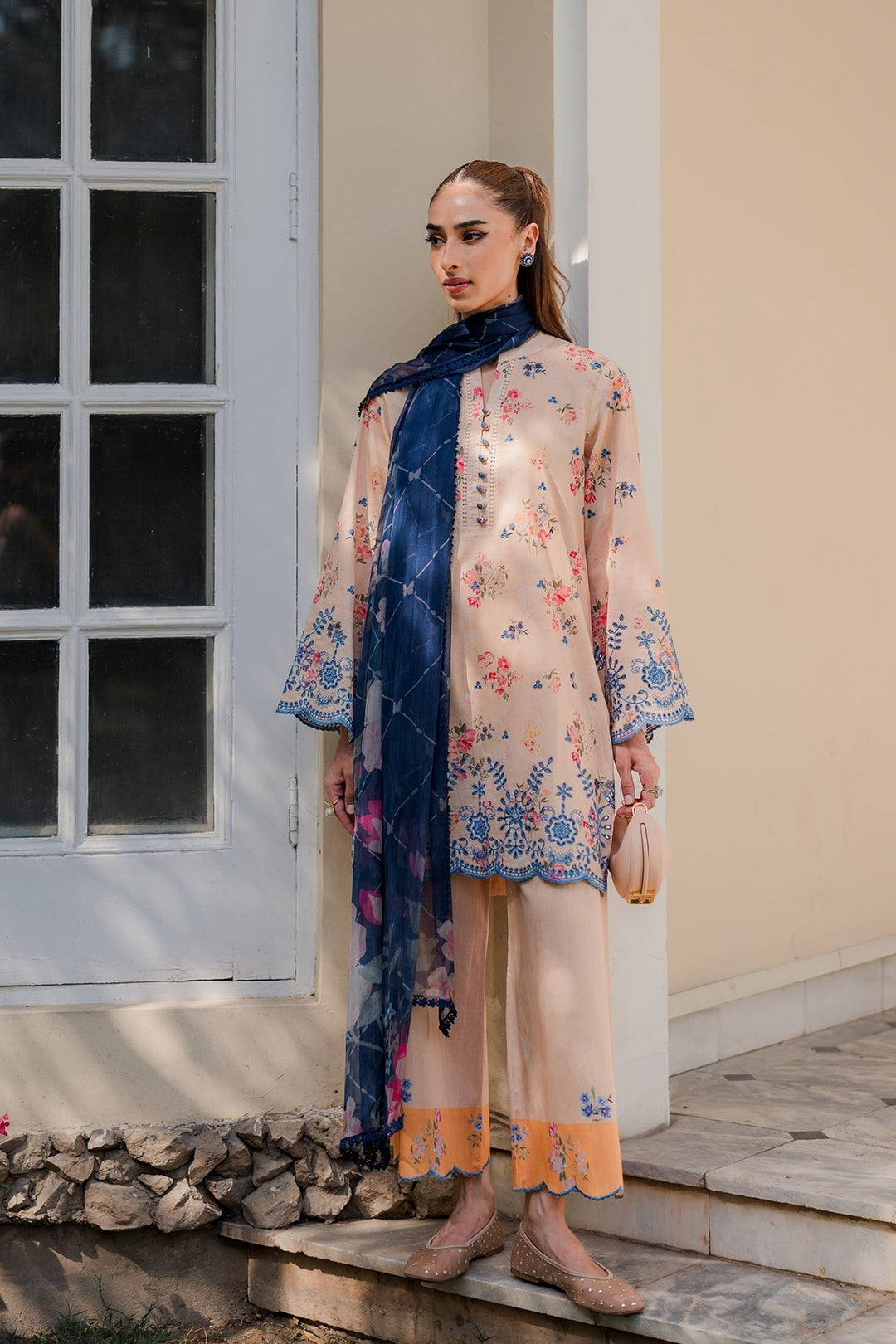 Nura by Sahar RTW Embroidered Cambric Co-Ord Sets Suit Peach Iced Tea Casual Collection
