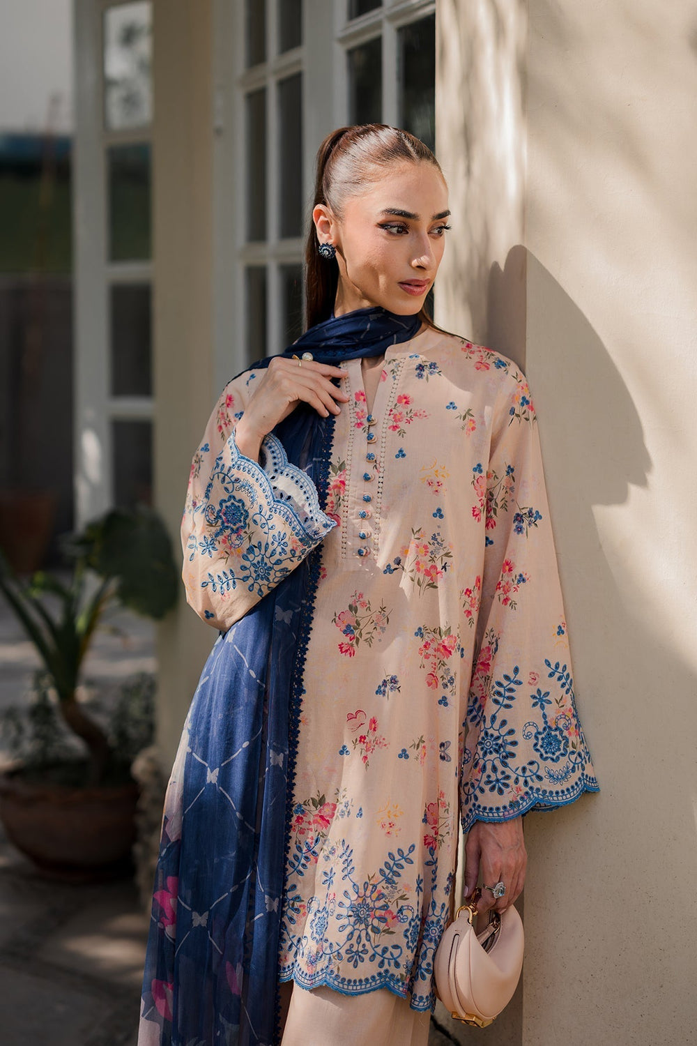 Nura by Sahar RTW Embroidered Cambric Co-Ord Sets Suit Peach Iced Tea Casual Collection