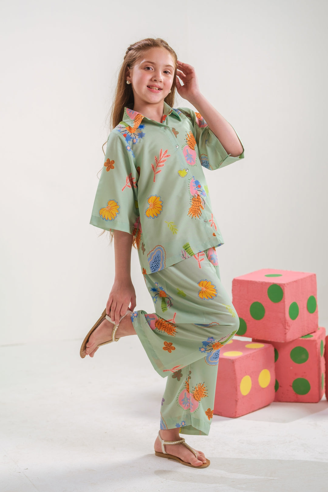 Sprinkles Girls RTW Printed Poly 2 Piece Suit Mint Bloom Casual Collection