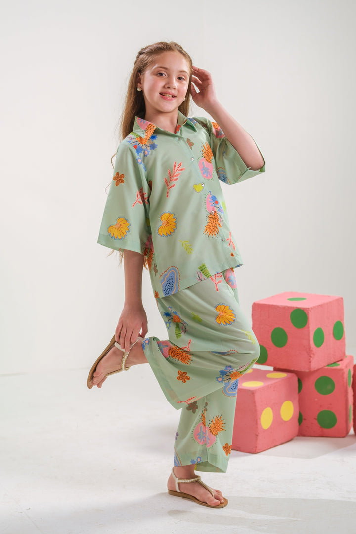 Sprinkles Girls RTW Printed Poly 2 Piece Suit Mint Bloom Casual Collection