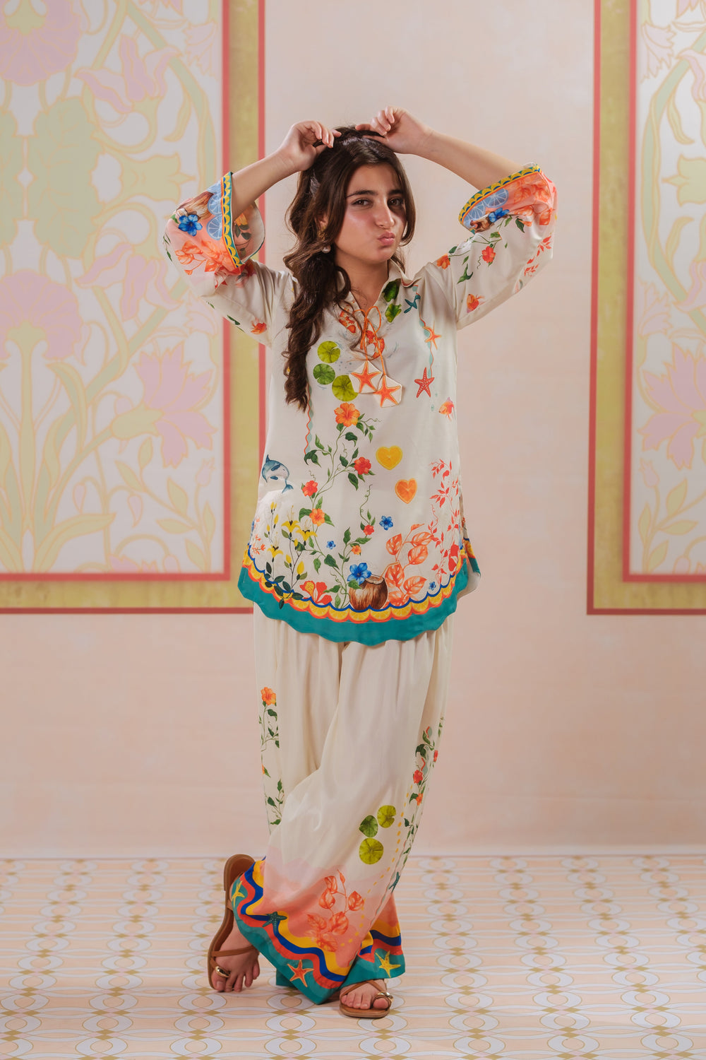 Sprinkles Girls RTW Printed Poly 2 Piece Suit Coral Reverie Casual Collection