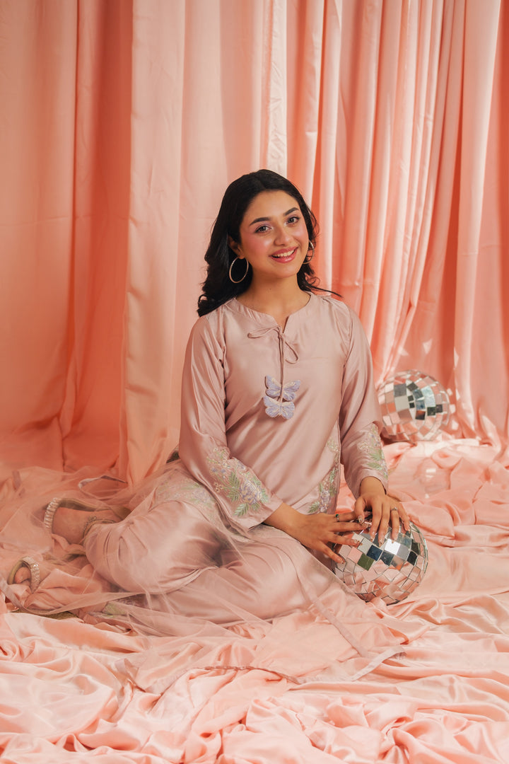 Sprinkles Girls RTW Embroidered Silk 3 Piece Suit Peach Co-ord Set Festive Collection