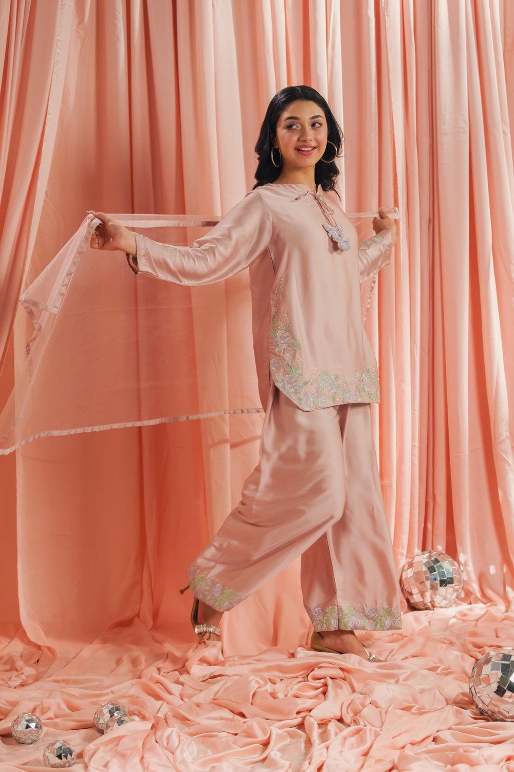 Sprinkles Girls RTW Embroidered Silk 3 Piece Suit Peach Co-ord Set Festive Collection