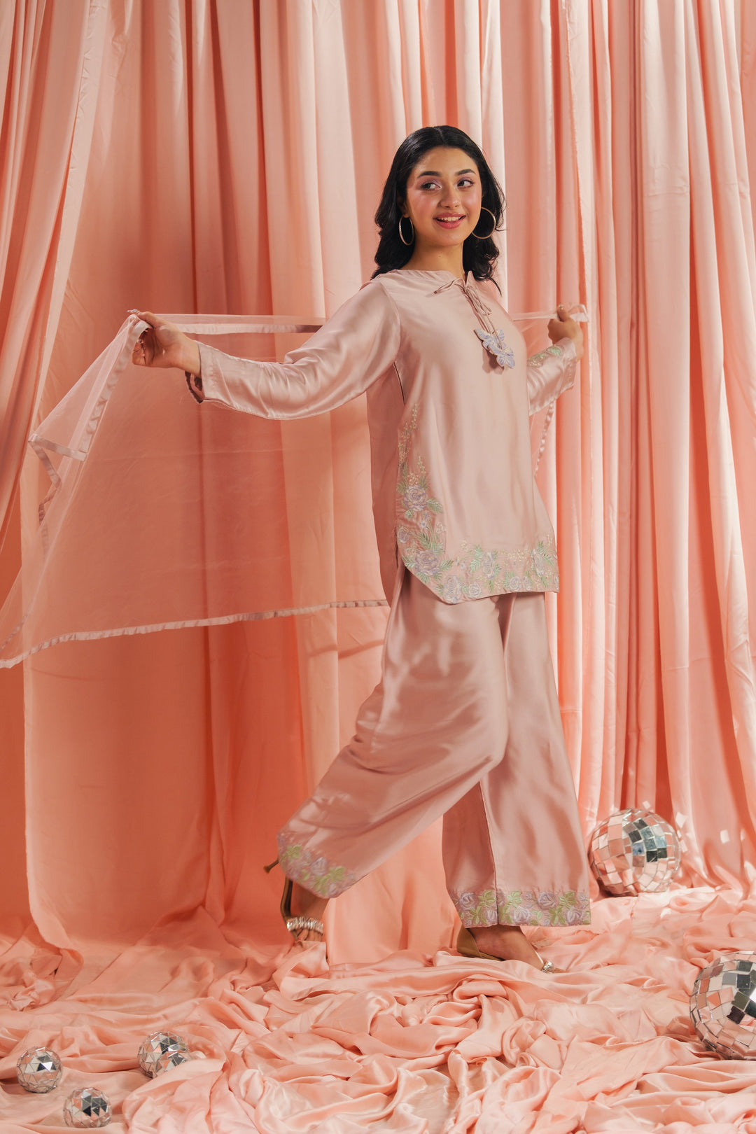 Sprinkles Girls RTW Embroidered Silk 3 Piece Suit Peach Co-ord Set Festive Collection