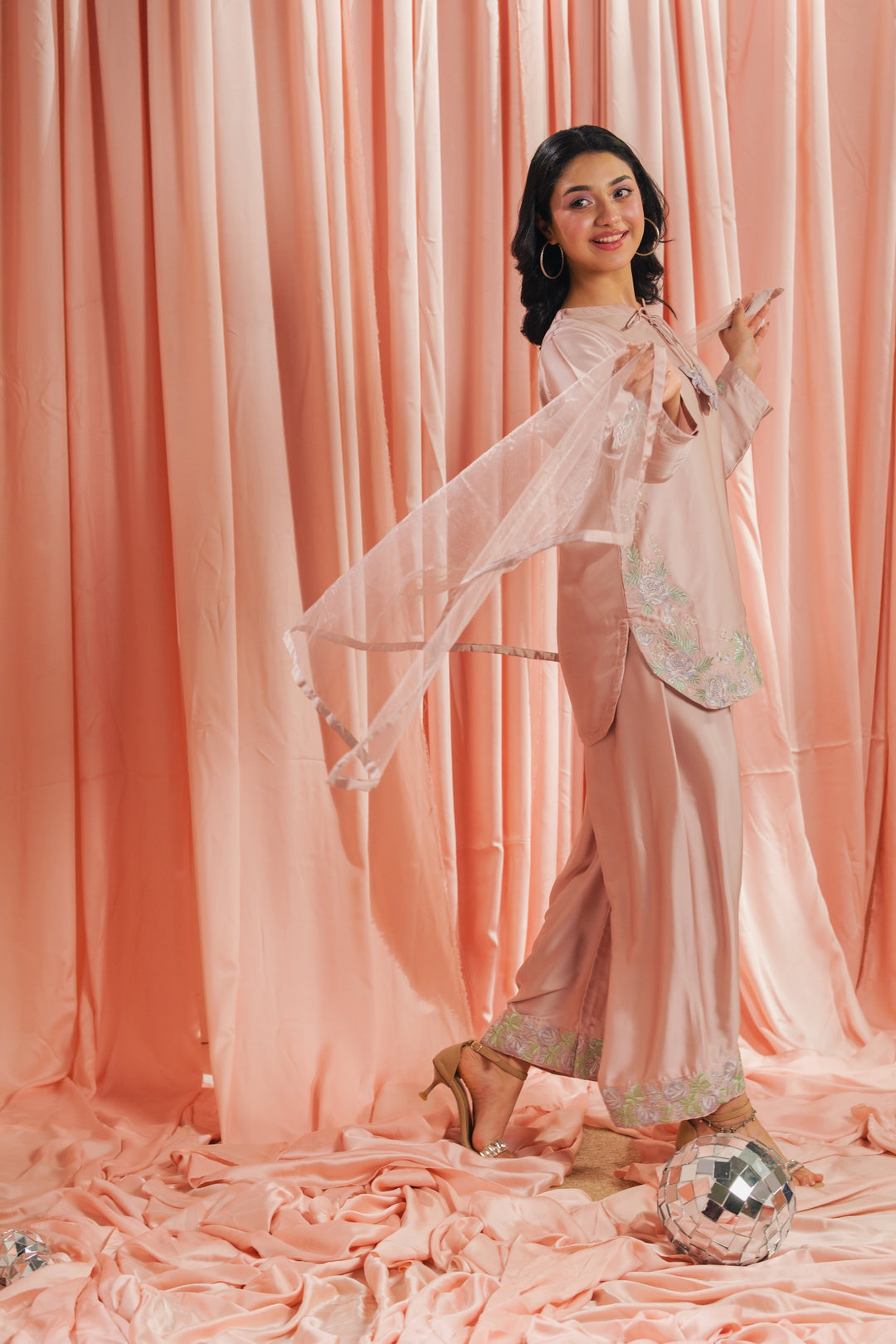 Sprinkles Girls RTW Embroidered Silk 3 Piece Suit Peach Co-ord Set Festive Collection