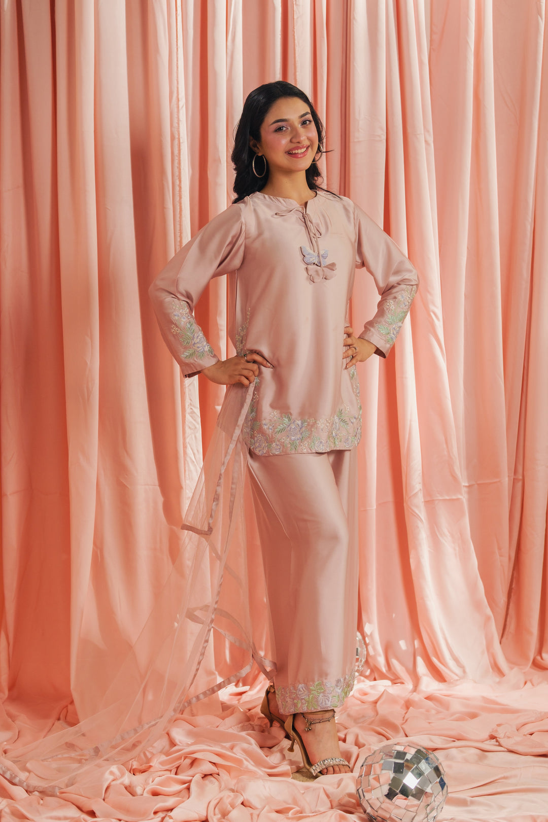 Sprinkles Girls RTW Embroidered Silk 3 Piece Suit Peach Co-ord Set Festive Collection