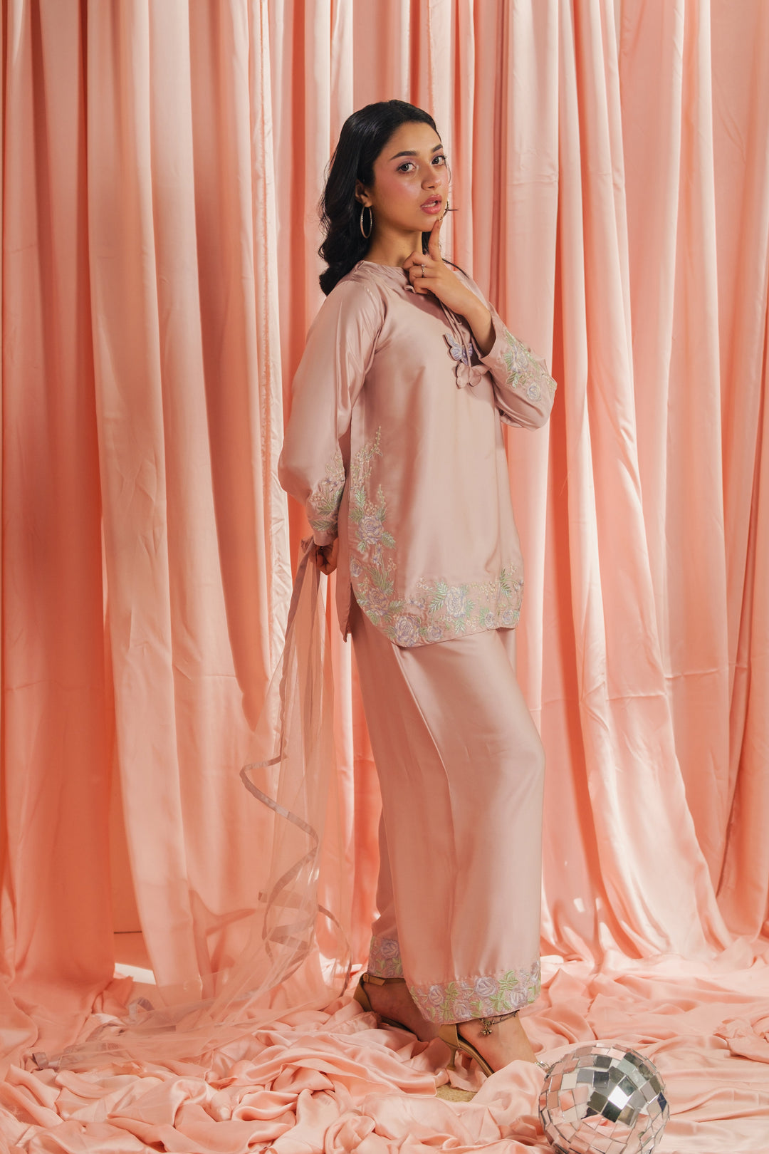 Sprinkles Girls RTW Embroidered Silk 3 Piece Suit Peach Co-ord Set Festive Collection