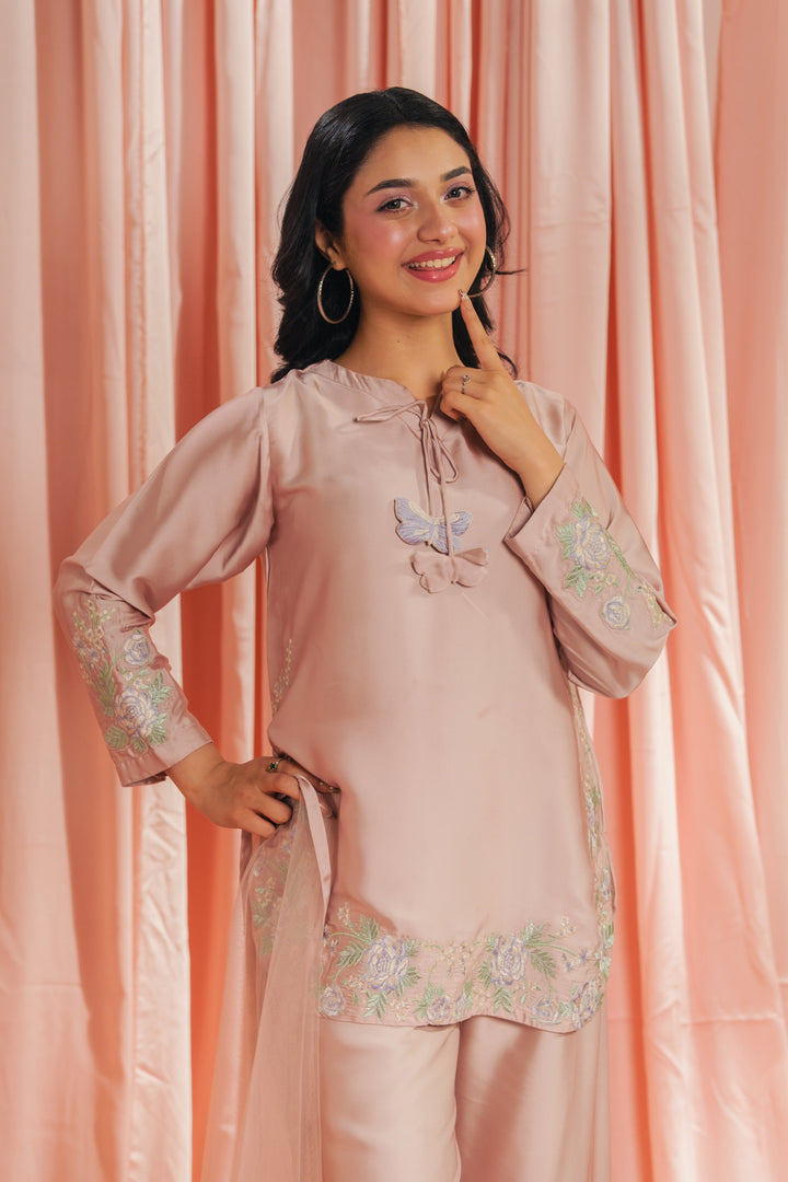 Sprinkles Girls RTW Embroidered Silk 3 Piece Suit Peach Co-ord Set Festive Collection