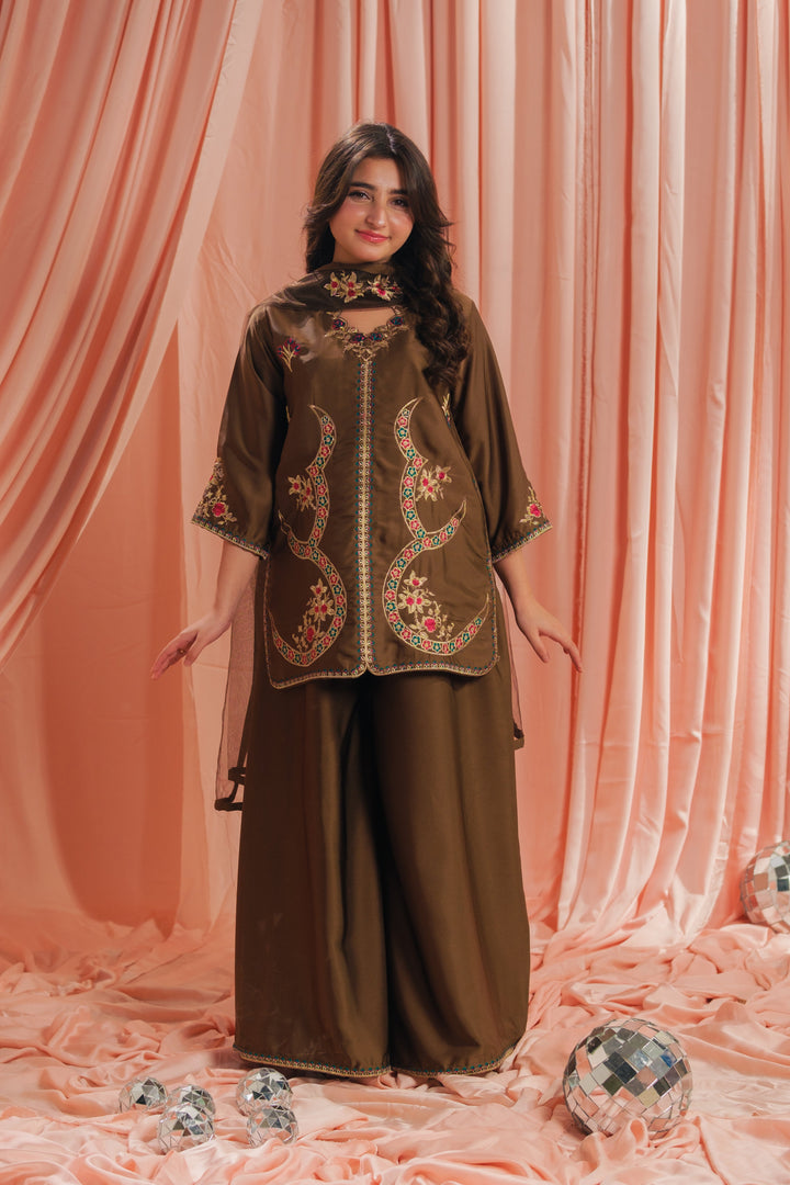 Sprinkles Girls RTW Embroidered Silk 3 Piece Suit Earthy Co-ord Set Festive Collection