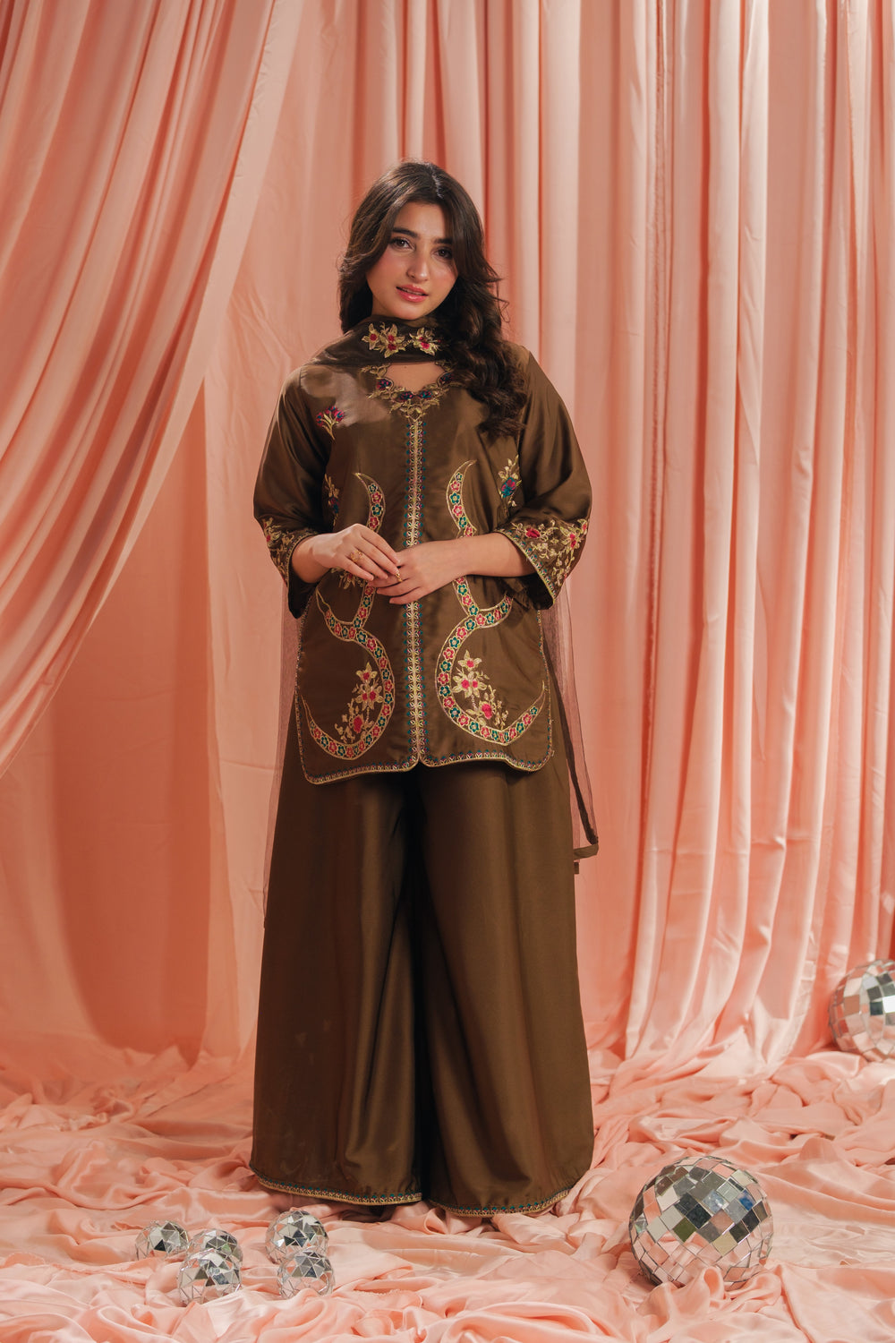 Sprinkles Girls RTW Embroidered Silk 3 Piece Suit Earthy Co-ord Set Festive Collection