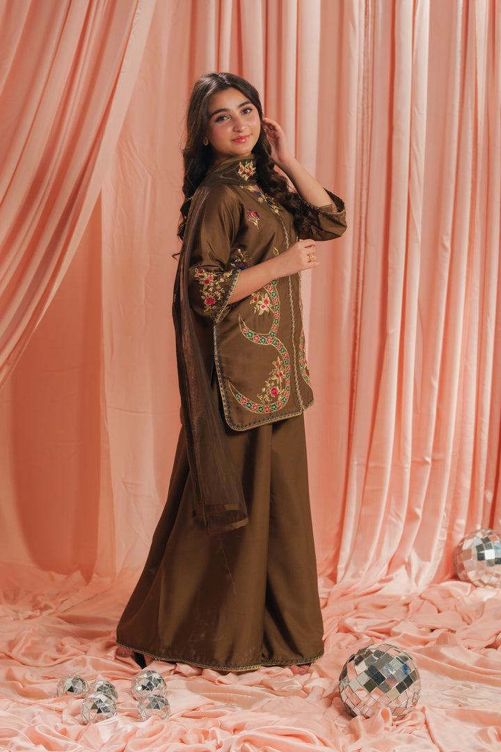Sprinkles Girls RTW Embroidered Silk 3 Piece Suit Earthy Co-ord Set Festive Collection