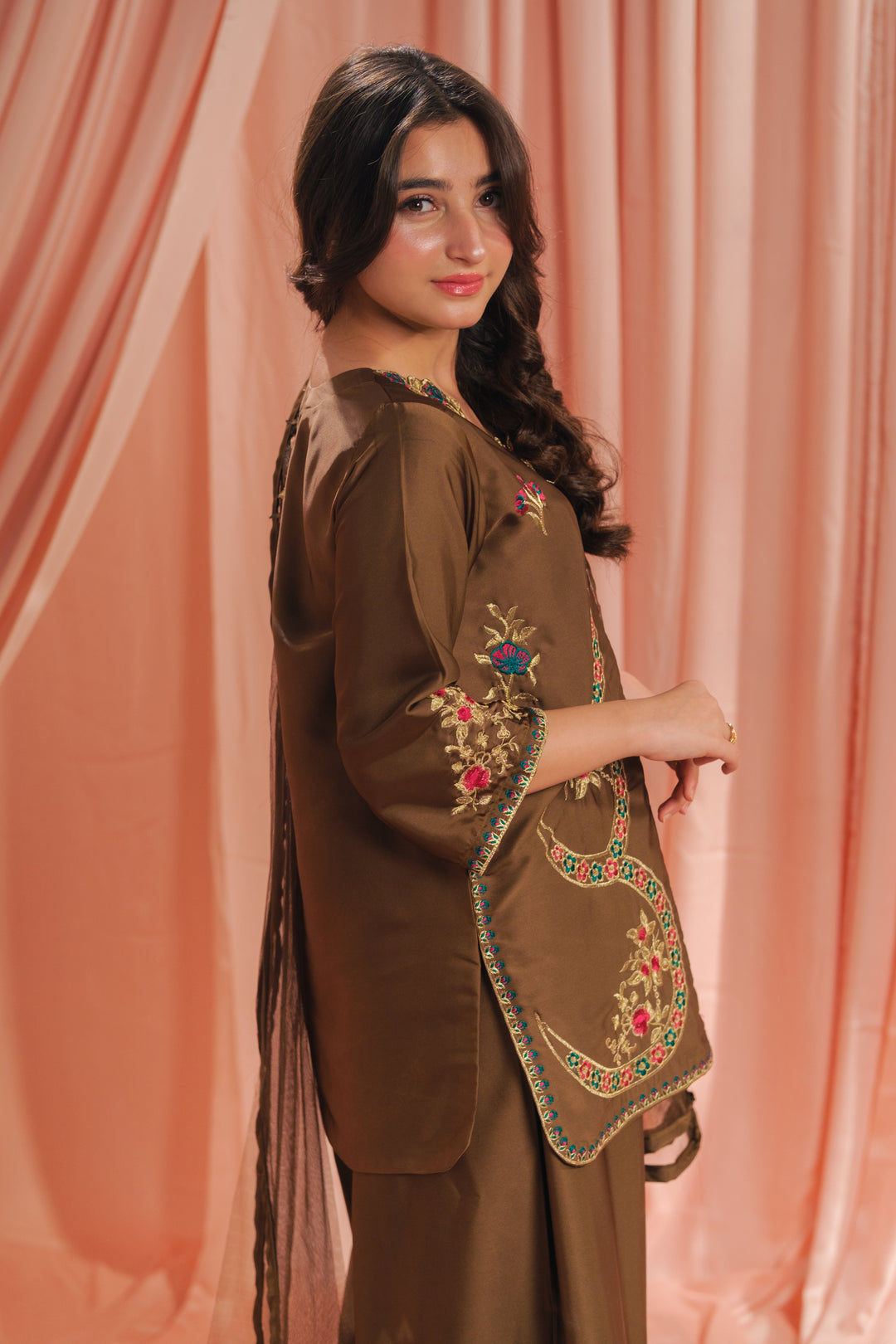 Sprinkles Girls RTW Embroidered Silk 3 Piece Suit Earthy Co-ord Set Festive Collection