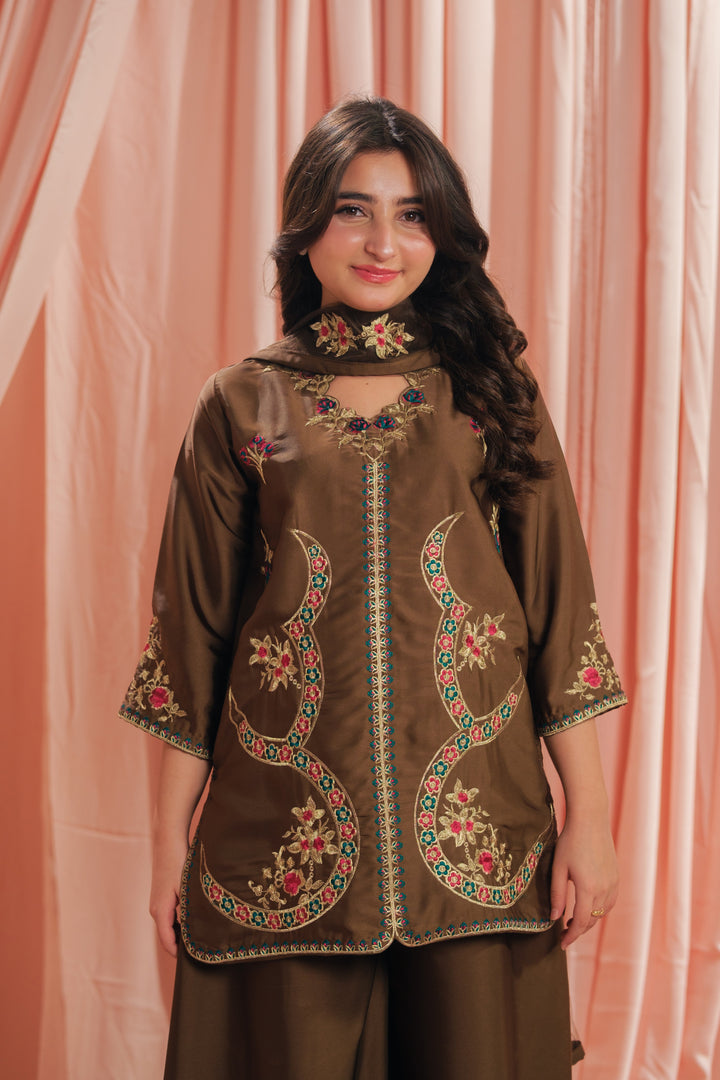 Sprinkles Girls RTW Embroidered Silk 3 Piece Suit Earthy Co-ord Set Festive Collection