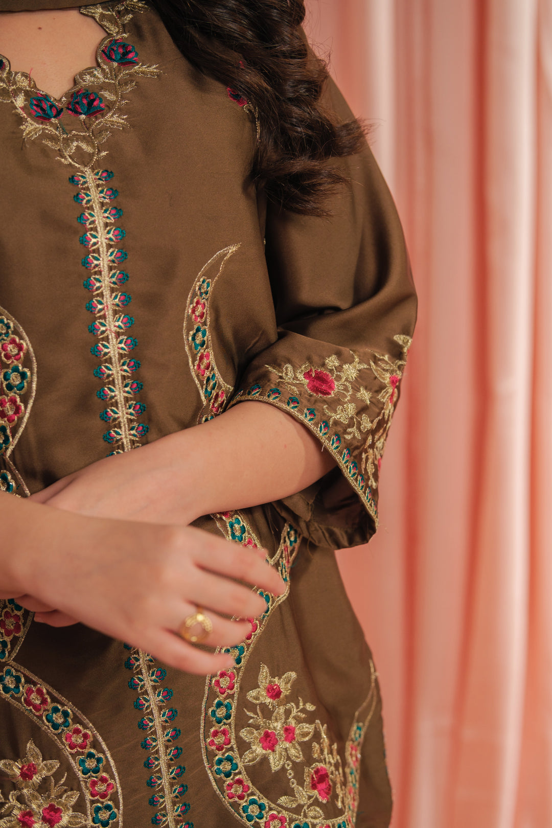 Sprinkles Girls RTW Embroidered Silk 3 Piece Suit Earthy Co-ord Set Festive Collection