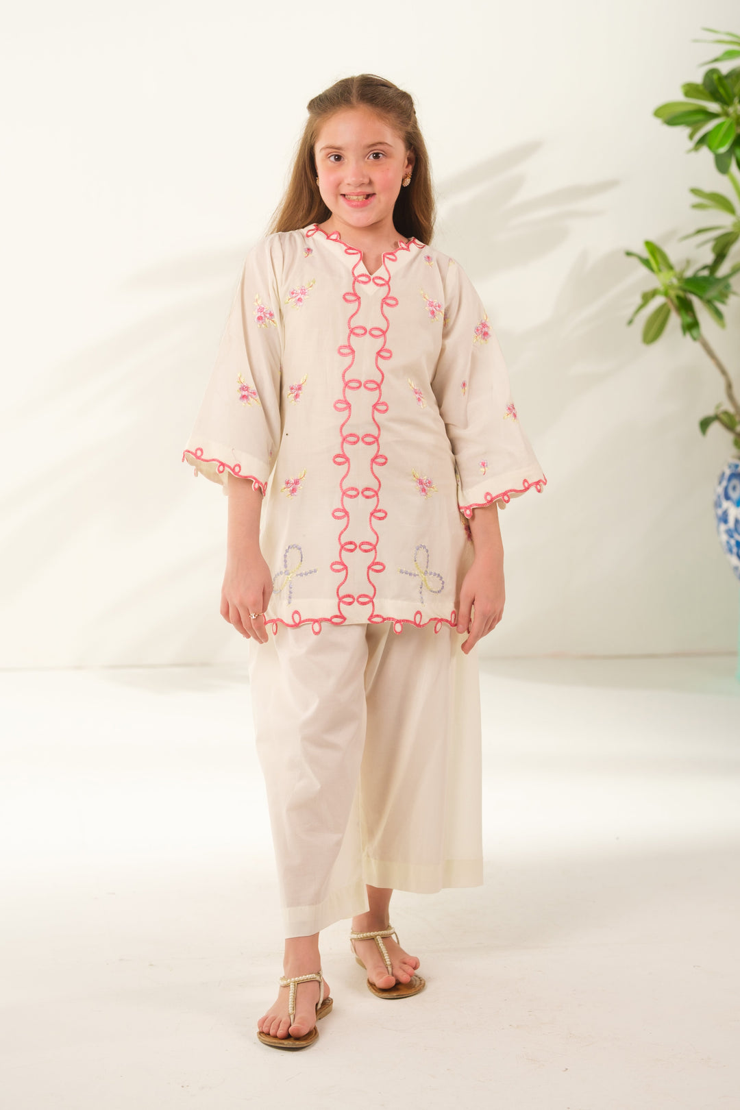 Sprinkles Girls RTW Embroidered Cotton 2 Piece Suit Cream Essence Casual Collection
