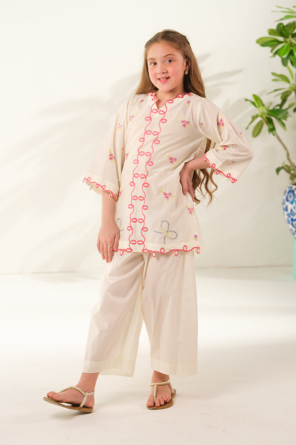 Sprinkles Girls RTW Embroidered Cotton 2 Piece Suit Cream Essence Casual Collection