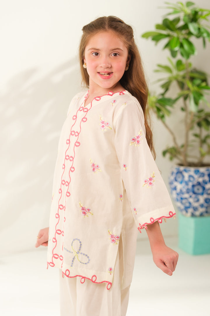 Sprinkles Girls RTW Embroidered Cotton 2 Piece Suit Cream Essence Casual Collection