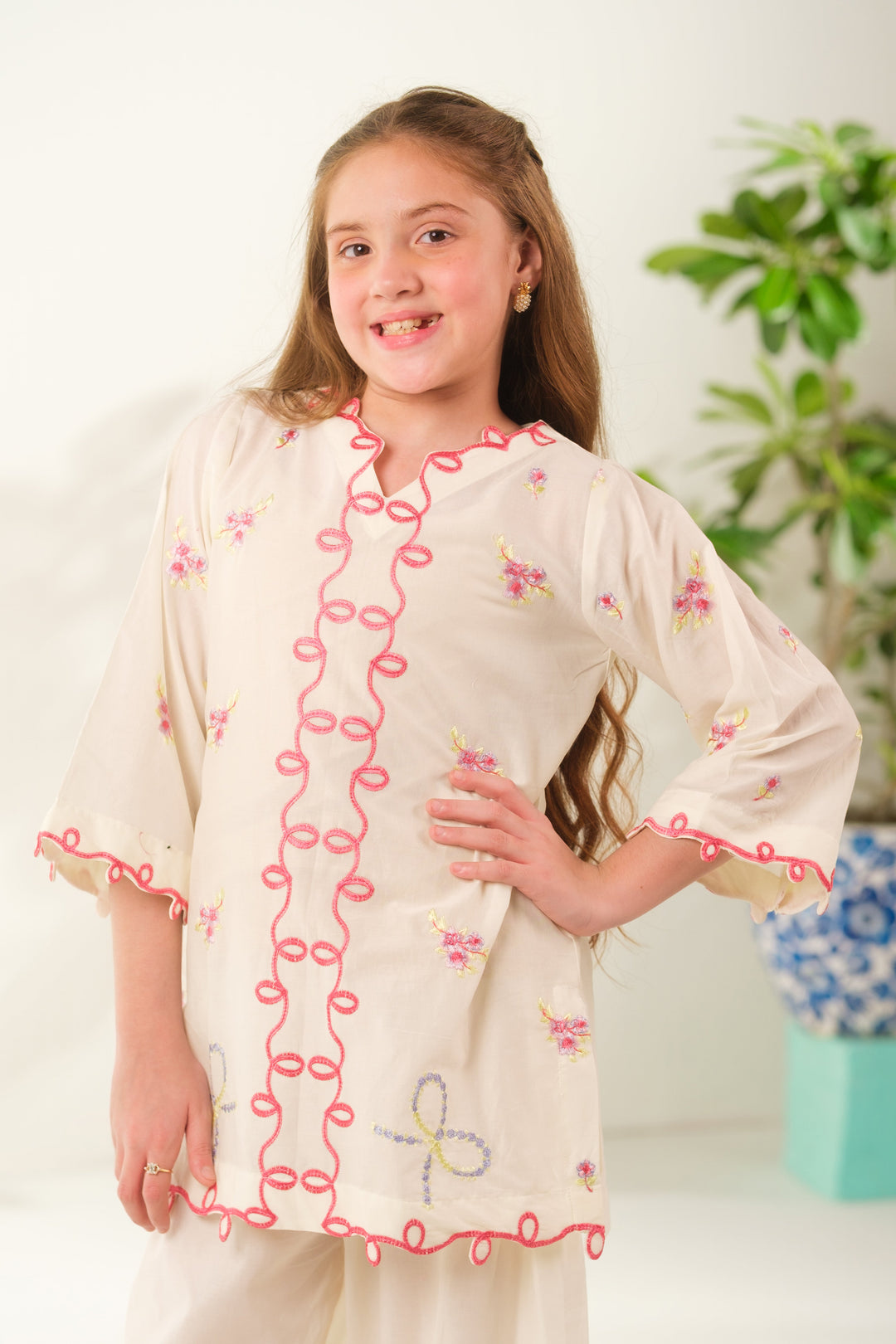Sprinkles Girls RTW Embroidered Cotton 2 Piece Suit Cream Essence Casual Collection