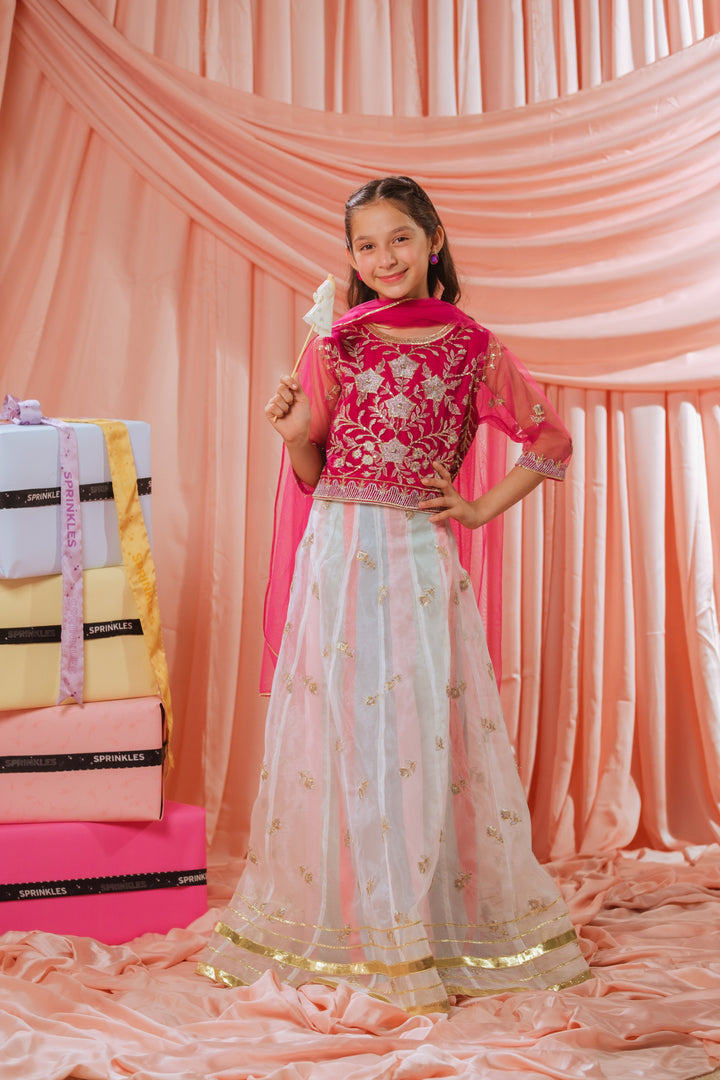 Sprinkles Girls RTW Embroidered Net 3 Piece Suit Pink Stardust Festive Collection
