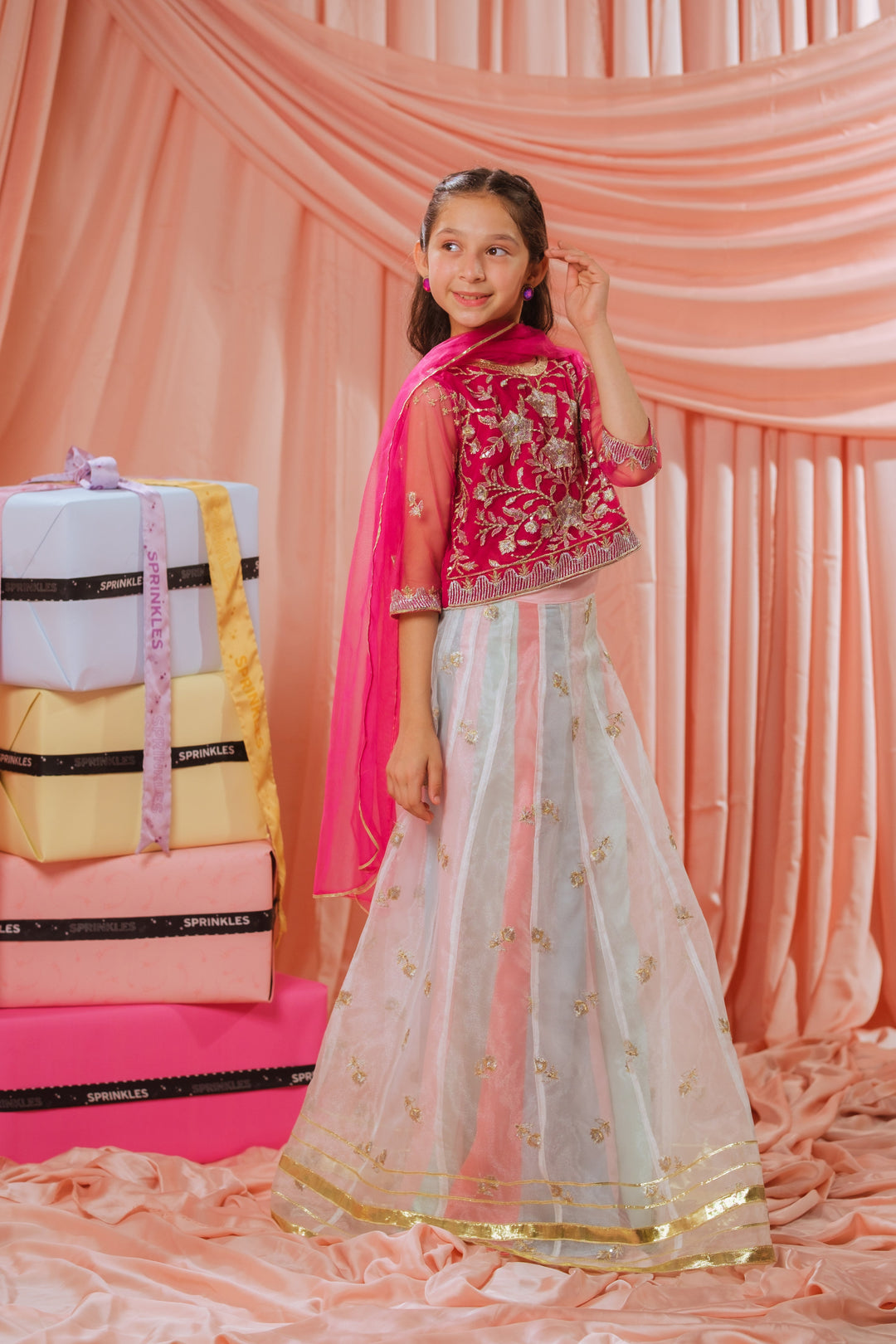 Sprinkles Girls RTW Embroidered Net 3 Piece Suit Pink Stardust Festive Collection