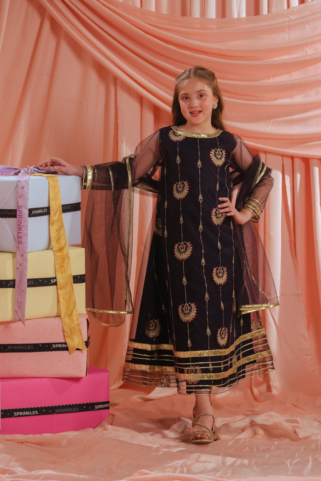 Sprinkles Girls RTW Embroidered Net 3 Piece Suit Royal Ember Festive Collection