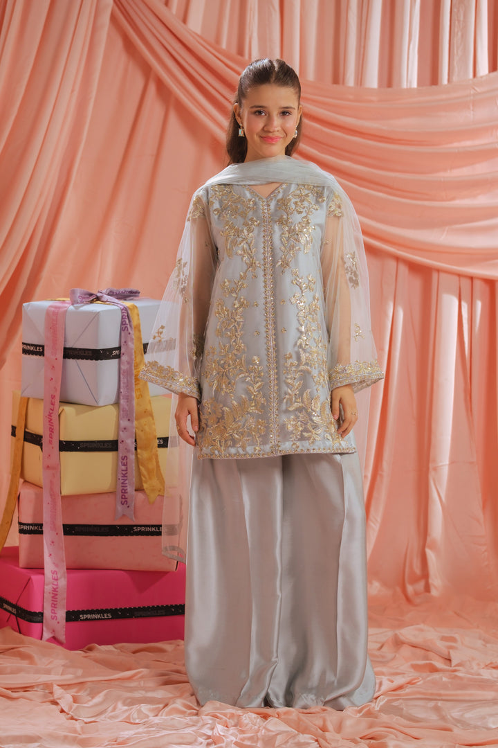 Sprinkles Girls RTW Embroidered Net 3 Piece Suit Golden Mist Festive Collection