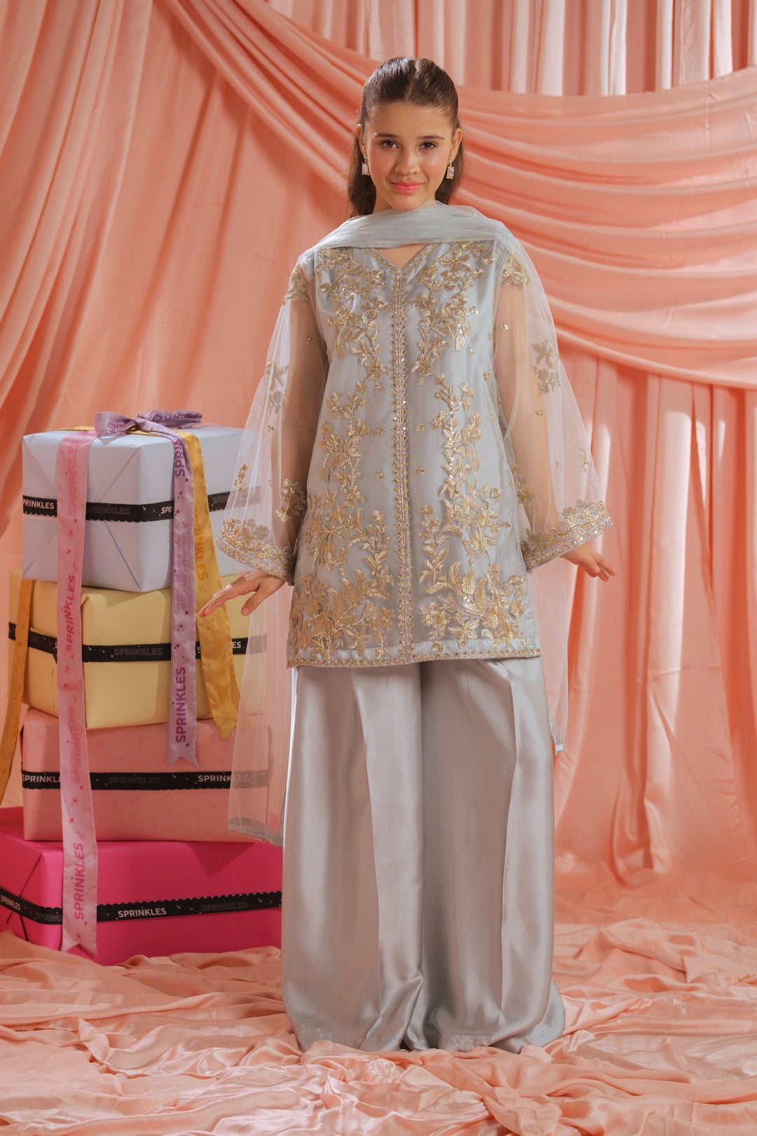 Sprinkles Girls RTW Embroidered Net 3 Piece Suit Golden Mist Festive Collection