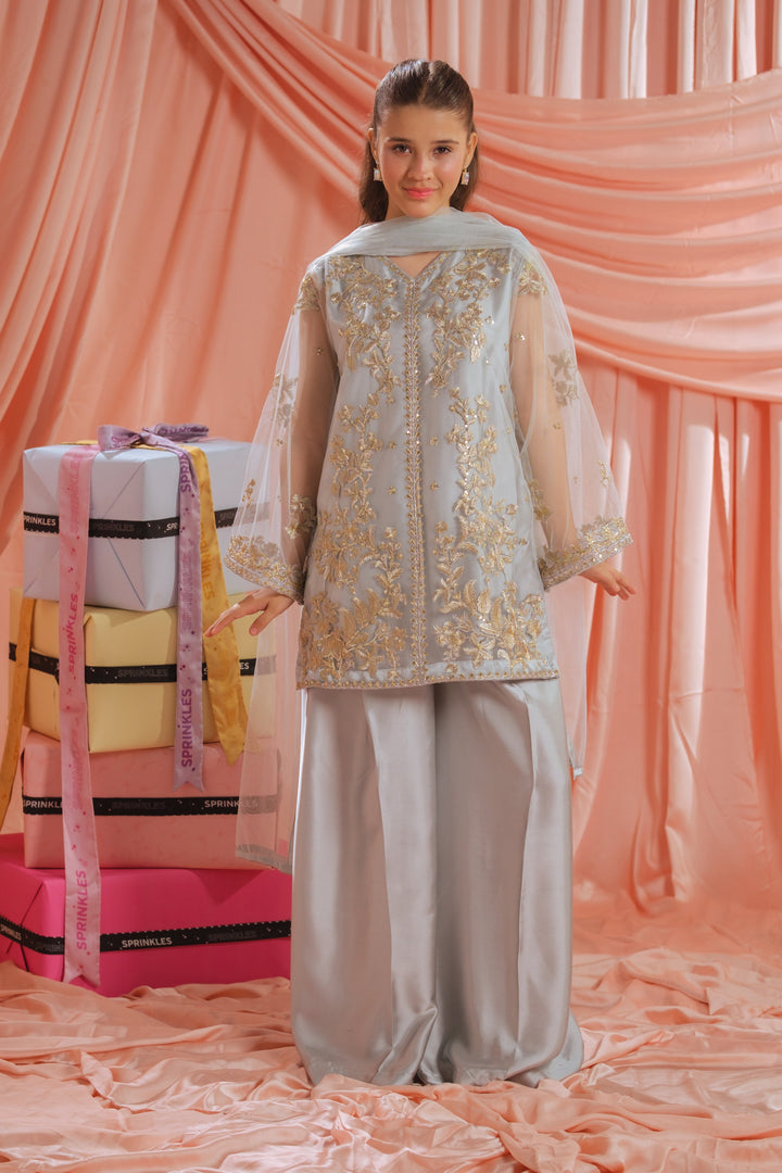 Sprinkles Girls RTW Embroidered Net 3 Piece Suit Golden Mist Festive Collection
