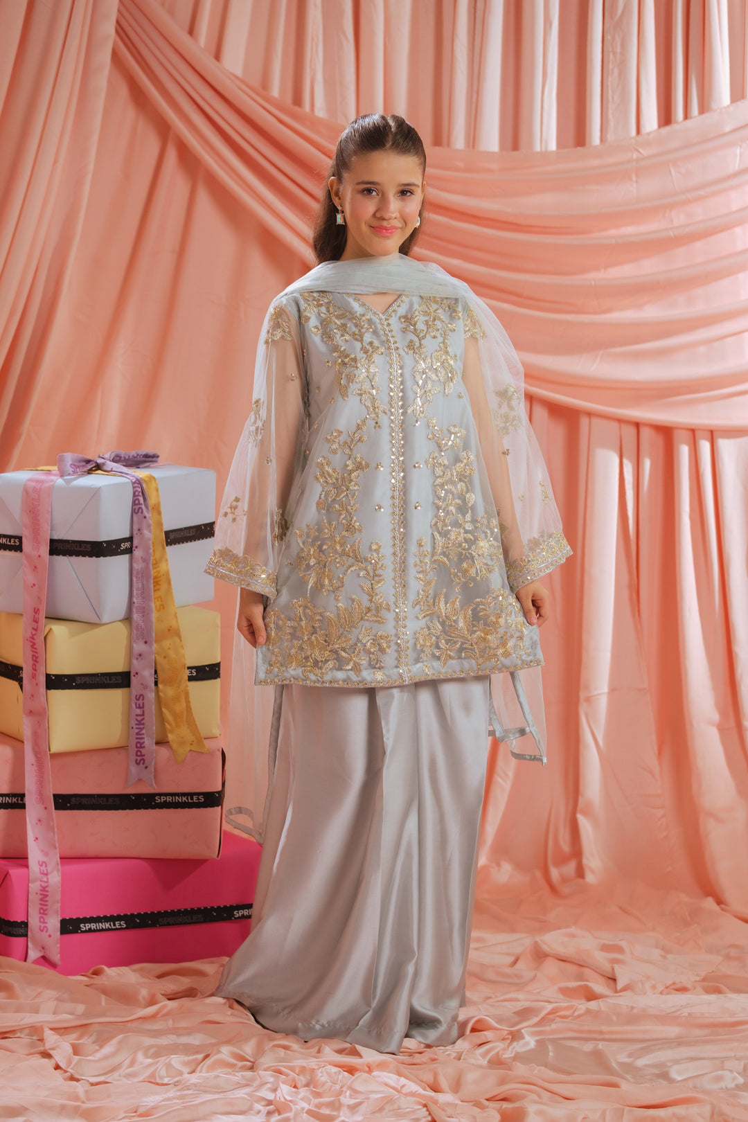 Sprinkles Girls RTW Embroidered Net 3 Piece Suit Golden Mist Festive Collection