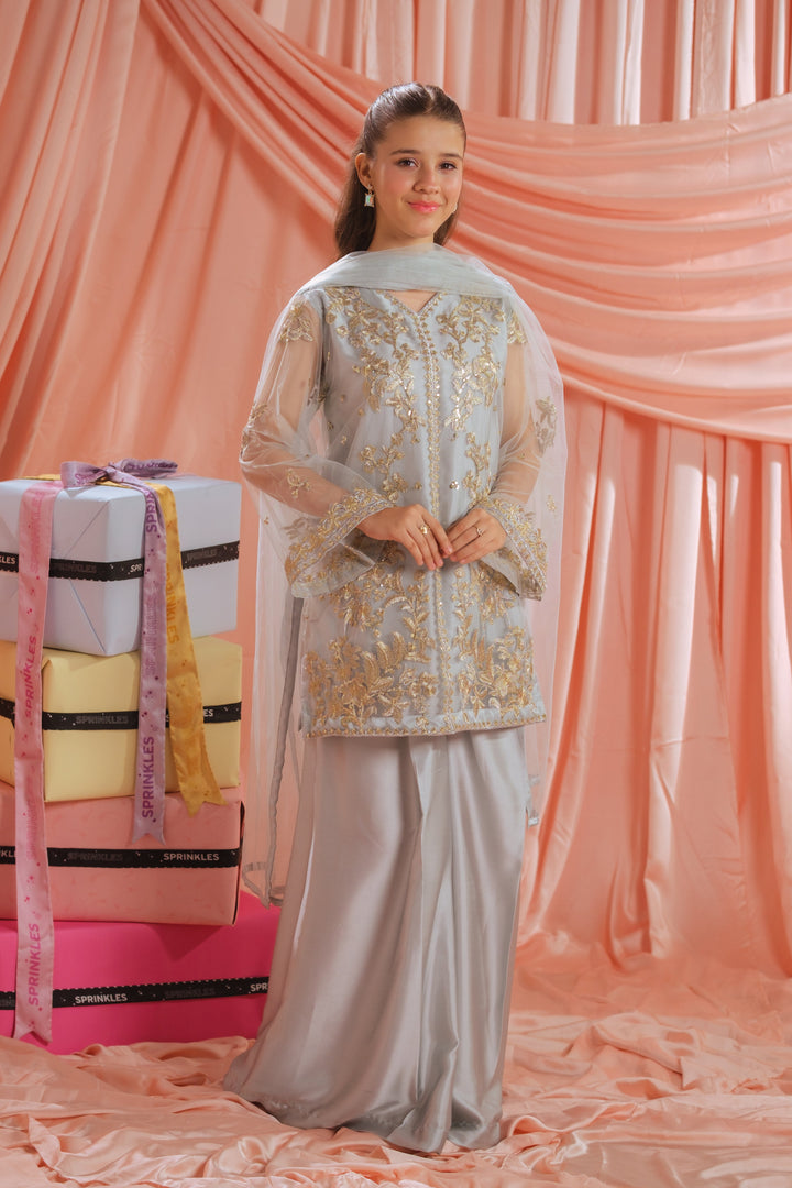 Sprinkles Girls RTW Embroidered Net 3 Piece Suit Golden Mist Festive Collection