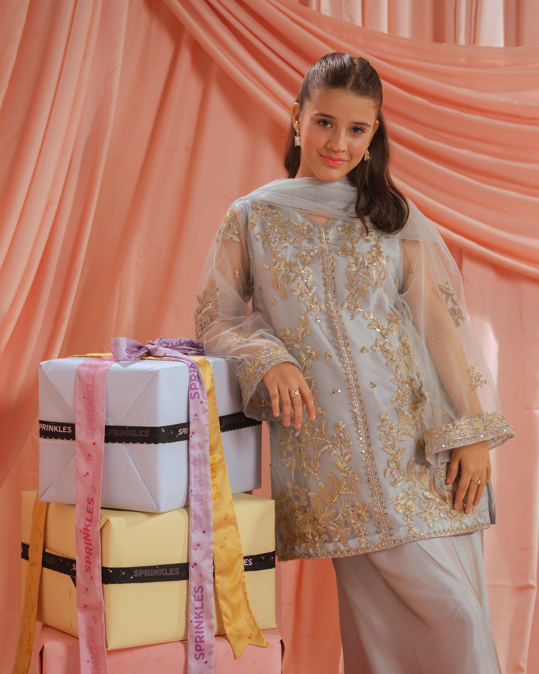Sprinkles Girls RTW Embroidered Net 3 Piece Suit Golden Mist Festive Collection