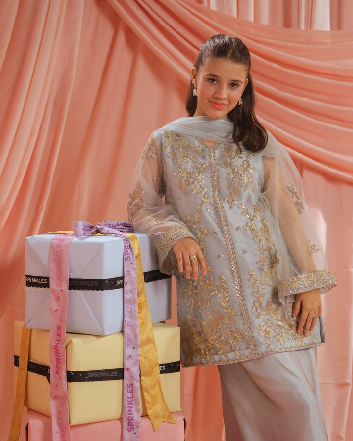 Sprinkles Girls RTW Embroidered Net 3 Piece Suit Golden Mist Festive Collection