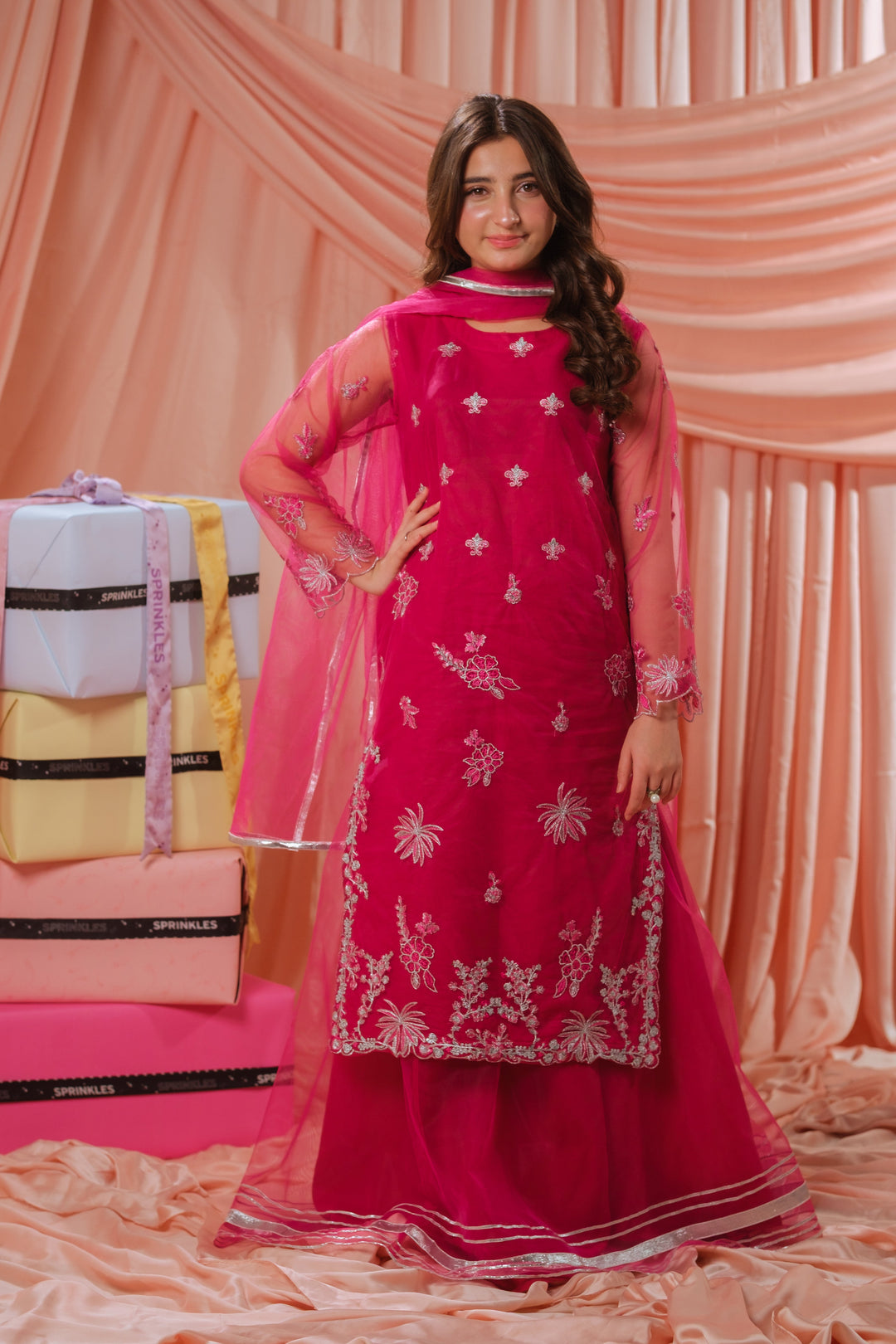 Sprinkles Girls RTW Embroidered Net 3 Piece Suit Candy Rose Festive Collection