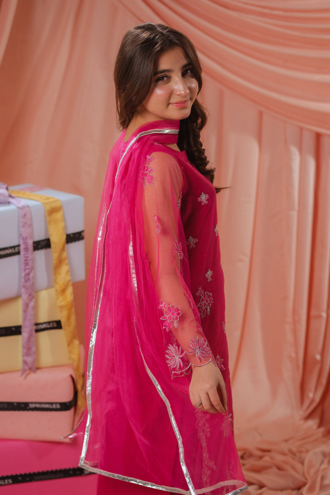 Sprinkles Girls RTW Embroidered Net 3 Piece Suit Candy Rose Festive Collection