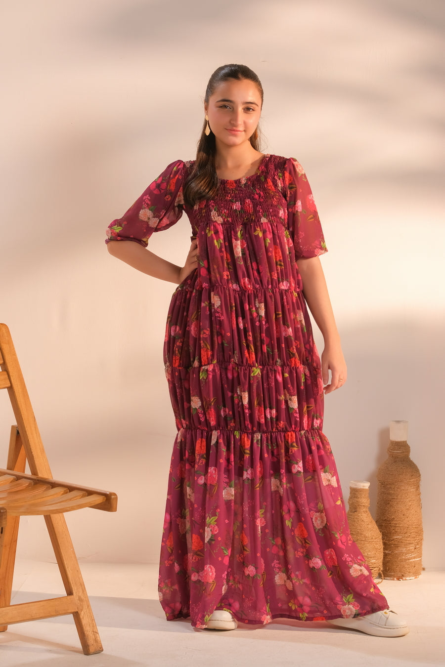 Sprinkles Girls Printed Chiffon Dress Berry Bloomscape 1 Piece - Casual Collection Maxi Dress