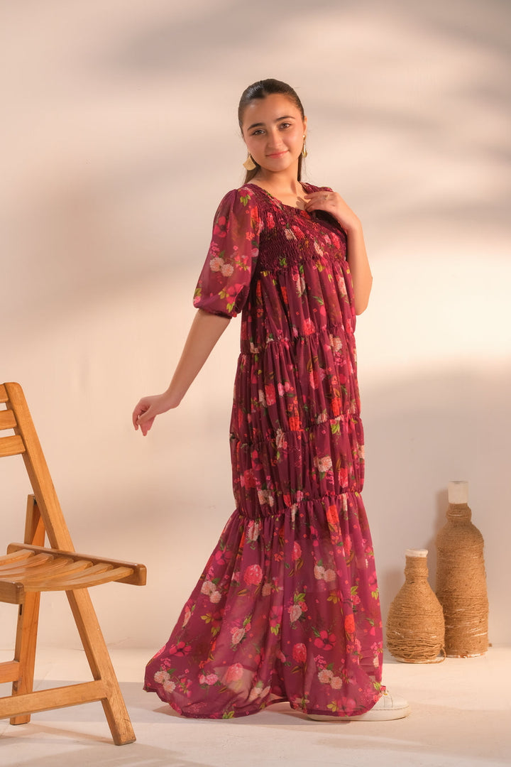 Sprinkles Girls Printed Chiffon Dress Berry Bloomscape 1 Piece - Casual Collection Maxi Dress