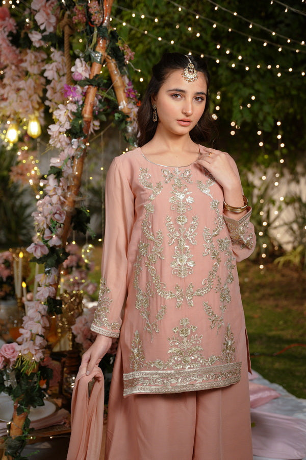 Sprinkles Girls Pret Embroidered Net Sequence Zeenat-e-Peach 3 Piece Suit SPDR929 - Festive Collection