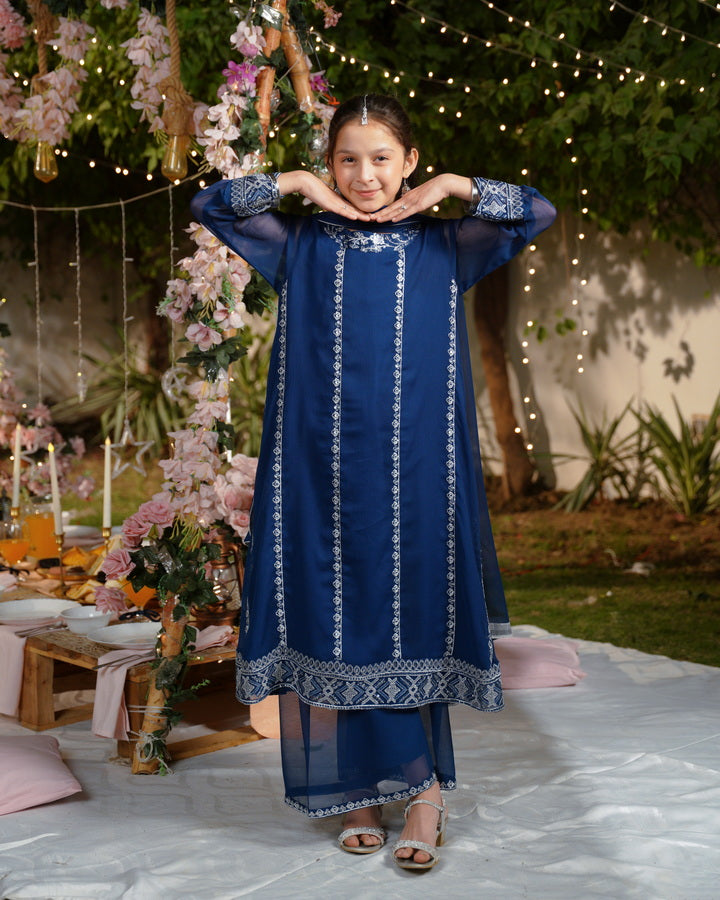 Sprinkles Girls Pret Embroidered Net Sequence Noor-e-Neel 3 Piece Suit SPDR932 - Festive Collection
