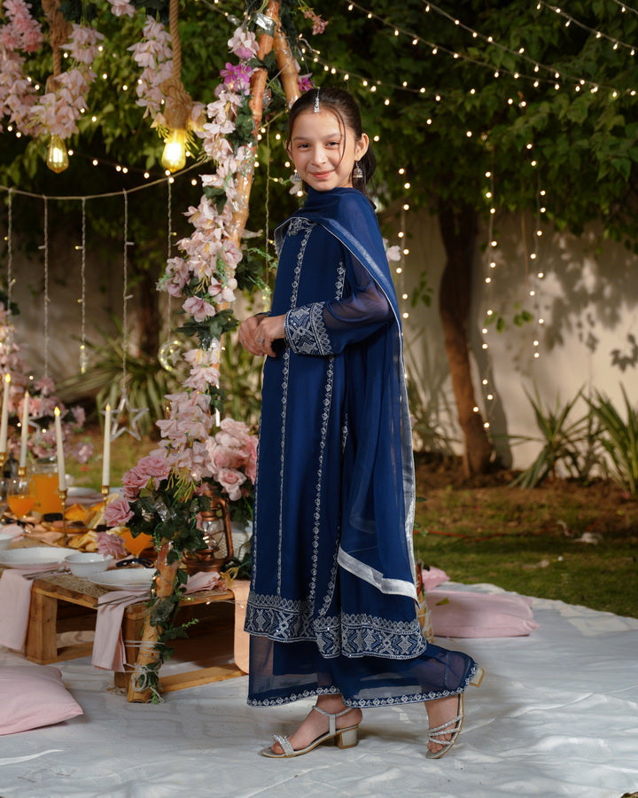 Sprinkles Girls Pret Embroidered Net Sequence Noor-e-Neel 3 Piece Suit SPDR932 - Festive Collection