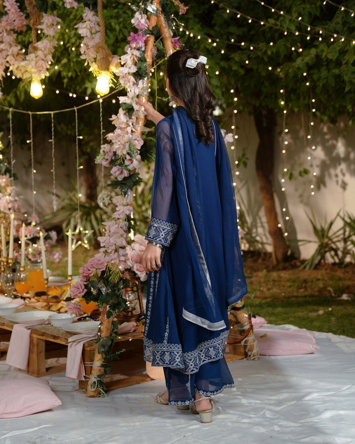 Sprinkles Girls Pret Embroidered Net Sequence Noor-e-Neel 3 Piece Suit SPDR932 - Festive Collection