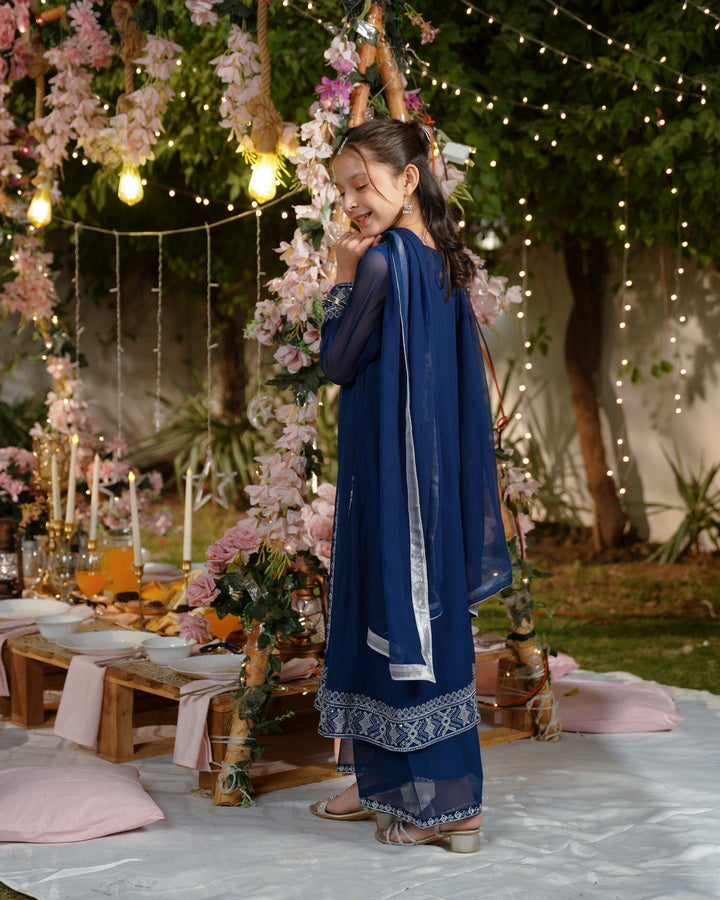 Sprinkles Girls Pret Embroidered Net Sequence Noor-e-Neel 3 Piece Suit SPDR932 - Festive Collection