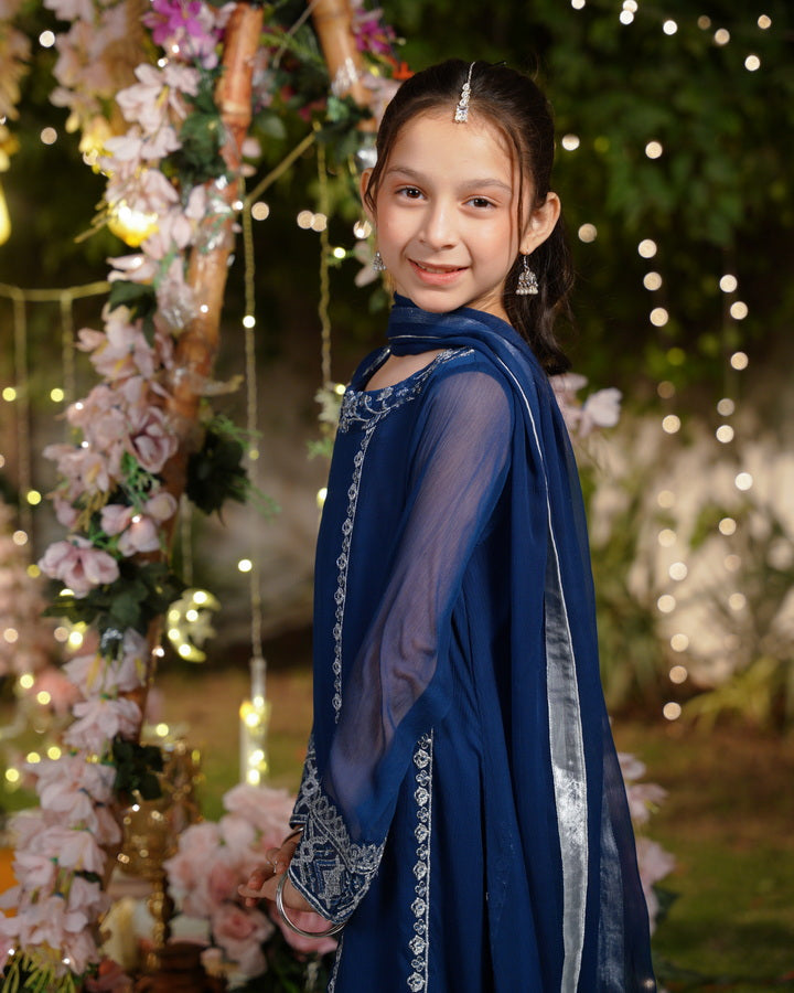 Sprinkles Girls Pret Embroidered Net Sequence Noor-e-Neel 3 Piece Suit SPDR932 - Festive Collection