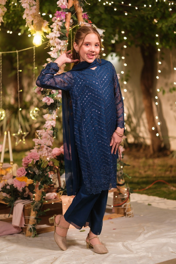 Sprinkles Girls Pret Embroidered Net Sequence Falak 3 Piece Suit SPDR937 - Festive Collection
